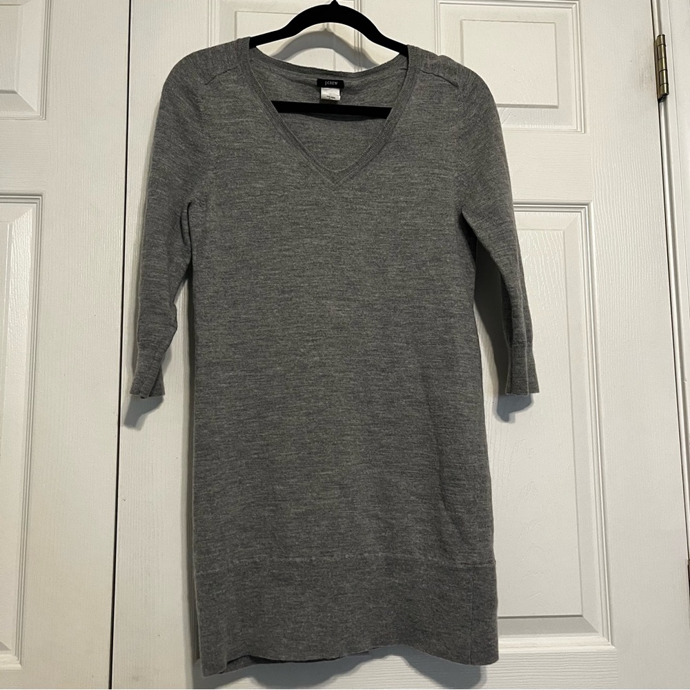 J. Crew 100% Merino Wool Gray V Neck Mini Sweater Dress Schoolboy Size Small